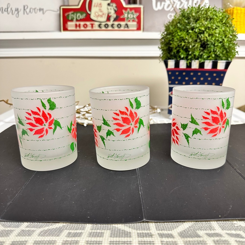 Vintage MCM Poinsettia Frosted Low Ball Glasses Jean Green x Lord & Taylor 3 pc‎